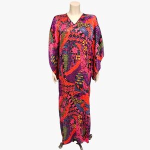 DAVID BROWN Vtg 70s 80s Multicolor Abstract Kimono Sleeves Long Kaftan M